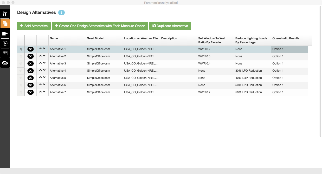 Populated Design Alternatives Tab